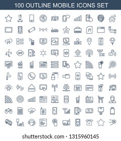 100 mobile icons. Trendy mobile icons white background. Included outline icons such as star, medical phone, heart mobile, phone connection cable. icon for web and mobile.