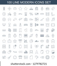 100 modern icons. Trendy modern icons white background. Included line icons such as T shirt, fan, volume, bass clef, paper, adjust, barbecue, reload. modern icon for web and mobile.