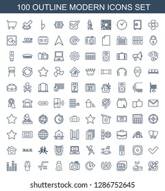 100 modern icons. Trendy modern icons white background. Included outline icons such as wheel, home al, loud speaker with equalizer, omega, time. modern icon for web and mobile.