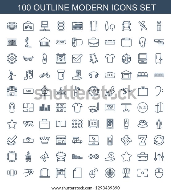 100\
modern icons. Trendy modern icons white background. Included\
outline icons such as mouse, center focus, table lamp, target,\
computer mouse. modern icon for web and\
mobile.