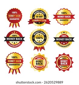 100% Money Back Guarantee Badge in Gold and Red, Guarantee Label Emblem Vector Illustration Design Collection