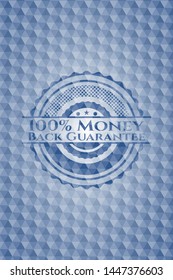 100% Money Back Guarantee blue emblem with geometric pattern background. Vector Illustration. Detailed.