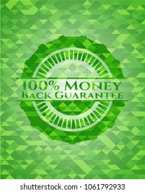 100% Money Back Guarantee green emblem with mosaic background