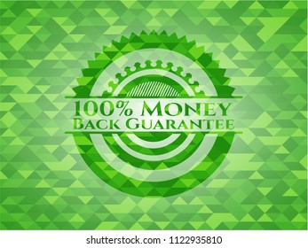 100% Money Back Guarantee green emblem. Mosaic background