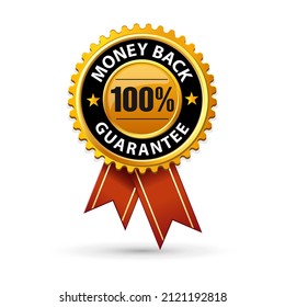 100% money back guarantee label. Vector design emblem. Gold badge with red ribbon isolated on white background.