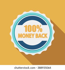 100% Money Back Quality Label Sign in Flat Modern Design with Long Shadow. Vector Illustration EPS10