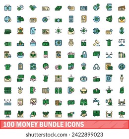 100 money bundle icons set. Color line set of money bundle vector icons thin line color flat on white