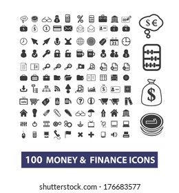 100 money, finance flat icons set, vector