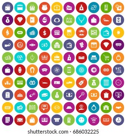 100 money icons set in different colors circle isolated vector illustration