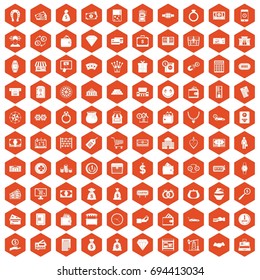 100 money icons set in orange hexagon isolated vector illustration