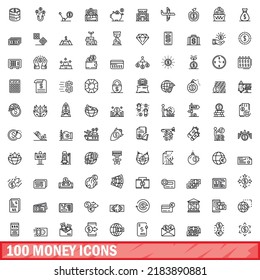 100 money icons set. Outline illustration of 100 money icons vector set isolated on white background