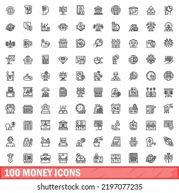 100 íconos de dinero. Ilustración de esquema de 100 iconos de dinero conjunto de vectores aislado en fondo blanco