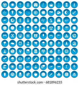 100 moon icons set in blue circle isolated on white vector illustration