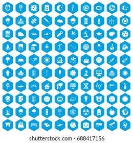 100 moon icons set in blue hexagon isolated vector illustration