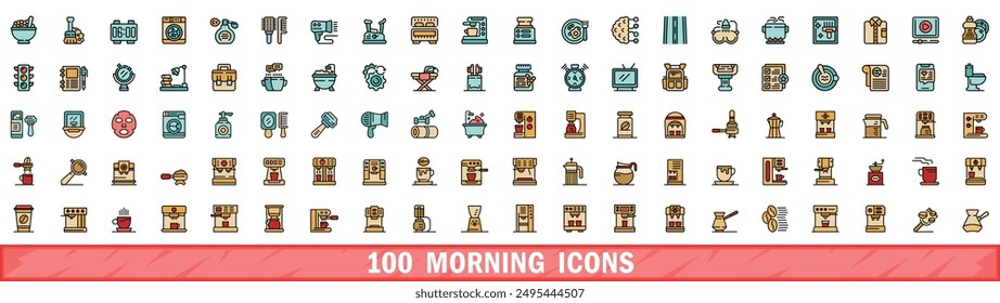 100 morning icons set. Color line set of morning vector icons thin line color flat on white