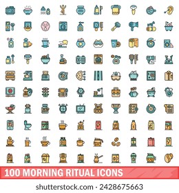 100 morning ritual icons set. Color line set of morning ritual vector icons thin line color flat on white