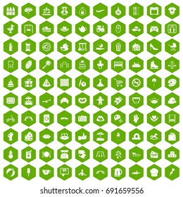 100 mother and child icons set in green hexagon isolated vector illustration