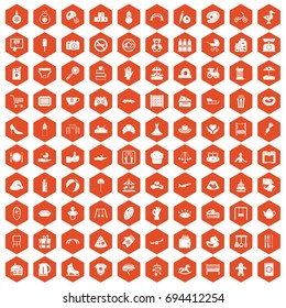 100 mother and child icons set in orange hexagon isolated vector illustration
