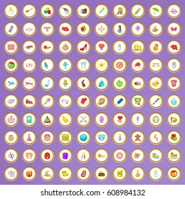 100 motherhood icons set in cartoon style on purple background vector illustration
