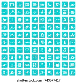 100 motherhood icons set in grunge style blue color isolated on white background vector illustration