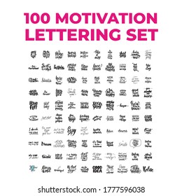 100 motivation quotes set. Inspirational handwritten brush lettering. Vector calligraphy stock illustration isolated on white background. Typography for banners, badges, postcard, t-shirt, prints.