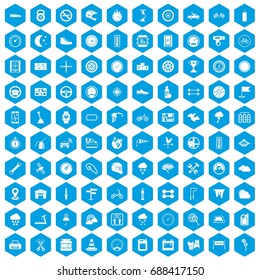 100 motorsport icons set in blue hexagon isolated vector illustration