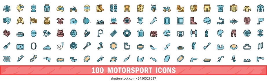 100 motorsport icons set. Color line set of motorsport vector icons thin line color flat on white