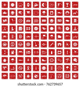 100 motorsport icons set in grunge style red color isolated on white background vector illustration