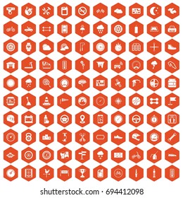 100 motorsport icons set in orange hexagon isolated vector illustration