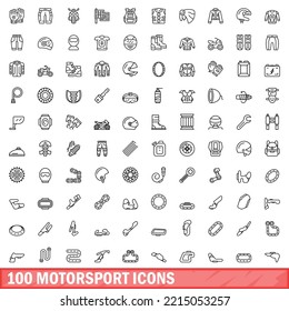 100 motorsport icons set. Outline illustration of 100 motorsport icons vector set isolated on white background