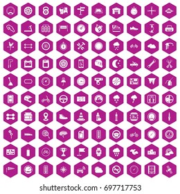 100 motorsport icons set in violet hexagon isolated vector illustration