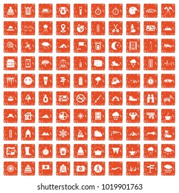 100 mountaineering icons set in grunge style orange color isolated on white background vector illustration