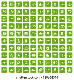 100 mountaineering icons set in grunge style green color isolated on white background vector illustration