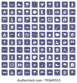 100 mountaineering icons set in grunge style sapphire color isolated on white background vector illustration