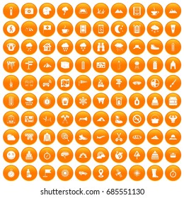 100 mountaineering icons set in orange circle isolated on white vector illustration
