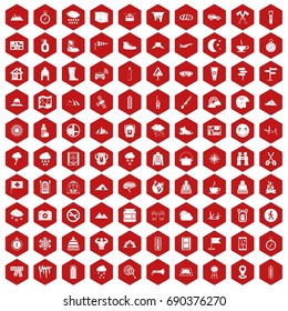 100 mountaineering icons set in red hexagon isolated vector illustration