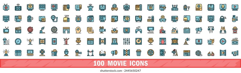 100 movie icons set. Color line set of movie vector icons thin line color flat on white