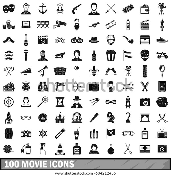 100 Movie Tv Icons Set Simple Stock Vector Royalty Free