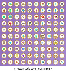 100 multimedia icons set in cartoon style on purple background vector illustration