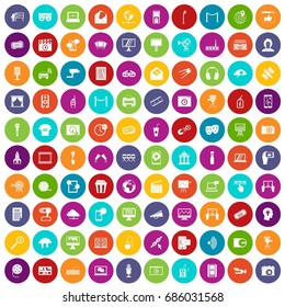 100 multimedia icons set in different colors circle isolated vector illustration