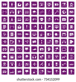 100 multimedia icons set in grunge style purple color isolated on white background vector illustration