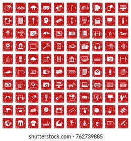 100 multimedia icons set in grunge style red color isolated on white background vector illustration