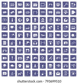 100 multimedia icons set in grunge style sapphire color isolated on white background vector illustration