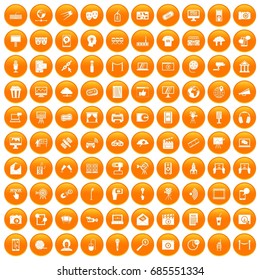 100 multimedia icons set in orange circle isolated on white vector illustration