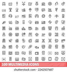 100 multimedia icons set. Outline illustration of 100 multimedia icons vector set isolated on white background