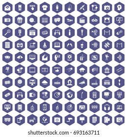 100 multimedia icons set in purple hexagon isolated vector illustration