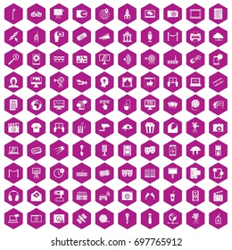 100 multimedia icons set in violet hexagon isolated vector illustration
