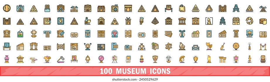 100 museum icons set. Color line set of museum vector icons thin line color flat on white