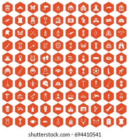100 museum icons set in orange hexagon isolated vector illustration