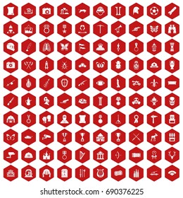100 museum icons set in red hexagon isolated vector illustration